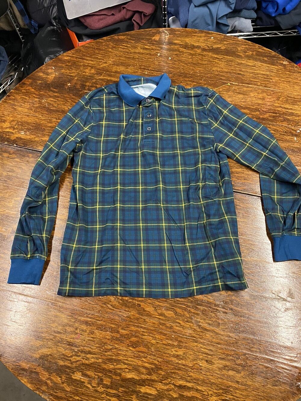 Lands End Polo Shirt Mens medium blue Long Sleeve Golf Preppy Casual Rugby